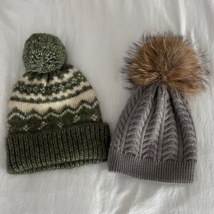 Gently used.' Knit Beanie Set - Green and Gray with fur poof